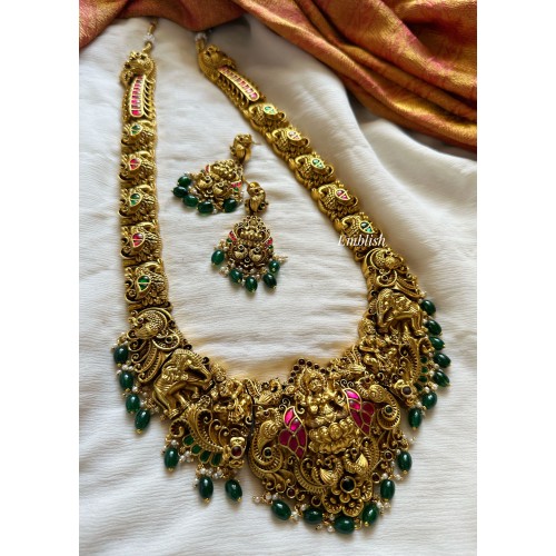 Kundan Jadau Lakshmi with Double Peacock haathi Long Neckpiece - Green Beads