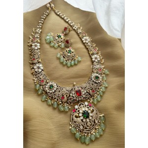 Victorian Kundan Jadau Flower with Double Peacock Pastel Bead Neckpiece - Long