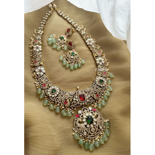 Victorian Kundan Jadau Flower with Double Peacock Pastel Bead Neckpiece - Long