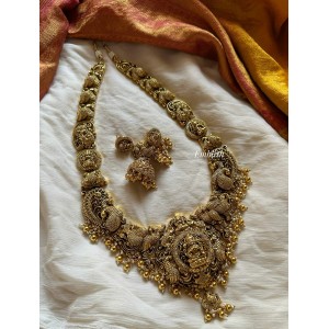 Grand AD Lakshmi with Peacock Intricate Haathi Long Neckpiece - Gold Beads