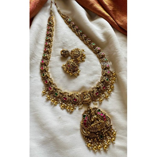 Kundan Jadau Lakshmi with Double Peacock Long Neckpiece - Gold Beads.