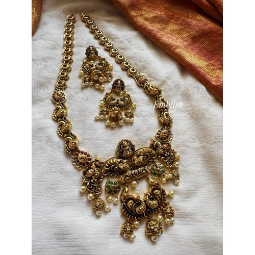 Royal Nakshi Double Peacock intricate Flower Lakshmi Neckpiece - Long 