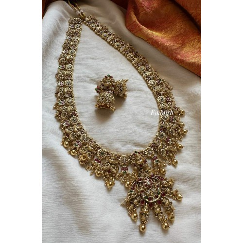 Kemp Flower Double Peacock Lakshmi Flower Long Neckpiece - Gold Beads