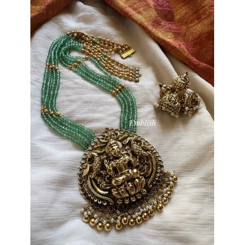 Antique Kemp Lakshmi with Double Peacock Pendant Green Gold Bead Long Neckpiece