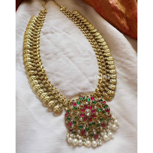 Antique Kundan Jadau Flower Pendant Lakshmi Coin Haram