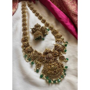 Grand Royal Nakshi Lakshmi with Peacock Intricate Long Neckpiece - Green Beads