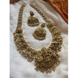 Grand Antique Lakshmi with Peacock Intricate Kemp Flower Long Neckpiece - Gold Beads