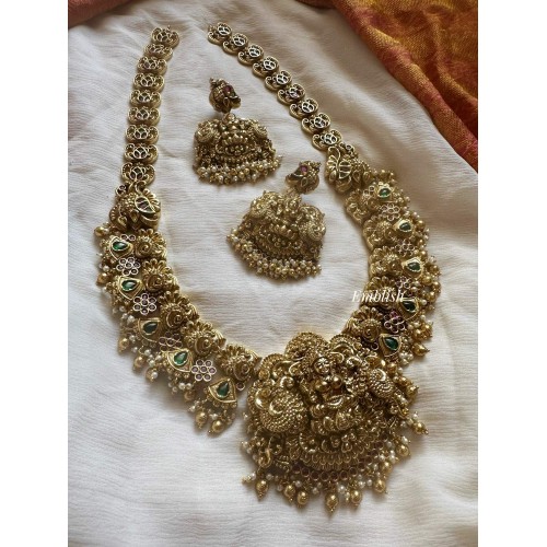 Grand Antique Lakshmi with Peacock Intricate Kemp Flower Long Neckpiece - Gold Beads