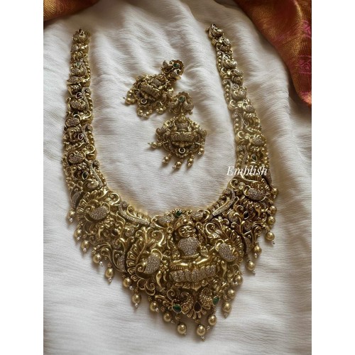 Grand Gold Look Alike Antique AD Lakshmi Haathi  Long Neckpiece - Gold Beads
