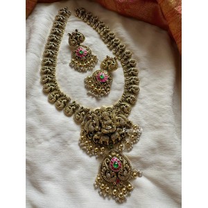 Gold alike Antique AD lakshmi with Haathi Peacock Pendant Long Neckpiece - Gold Beads 