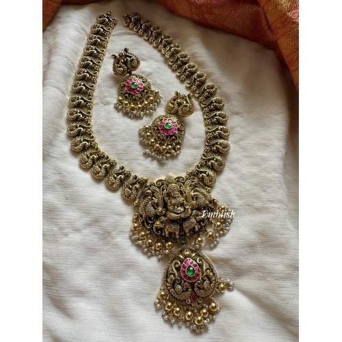 Gold alike Antique AD lakshmi with Haathi Peacock Pendant Long Neckpiece - Gold Beads 