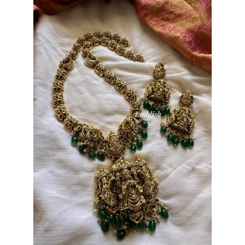 Royal Gold alike Antique Lakshmi Intricate with Narashimma Flower Long Neckpiece - Green Beads