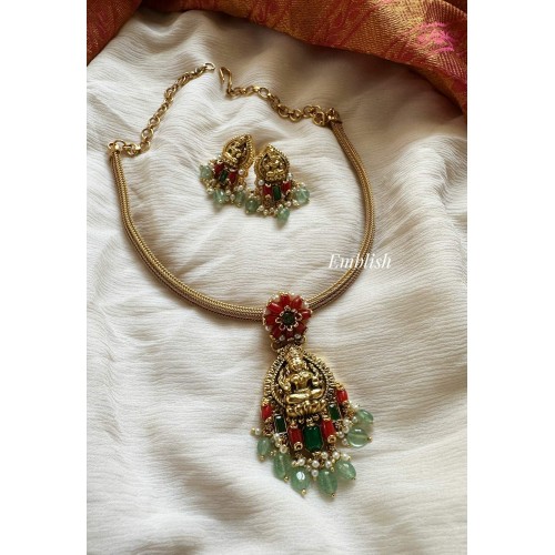Antique Flower Coral Lakshmi Pendant Set - Pastel Beads