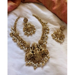 Gold alike Antique Lakshmi With Double Hathi Hasli Neckpiece - Gold Beads