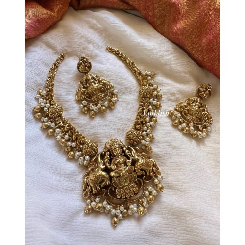 Gold alike Antique Lakshmi With Double Hathi Hasli Neckpiece - Gold Beads