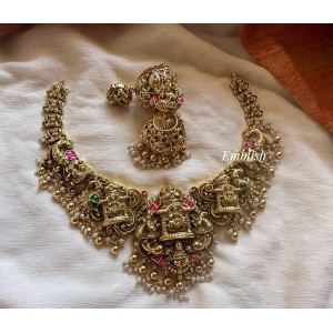 Gold alike Antique Kundan Jadau Lakshmi Mahal with Peacock Intricate Neckpiece - Gold Beads