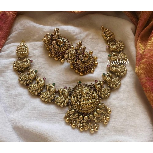 Grand Nagas Lakshmi Peacock Dual Bead Short Neckpiece - Gold Beads