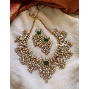 Gold alike Antique Flower Pendant with Rice Pearl Guttapusalu Short Neckpiece
