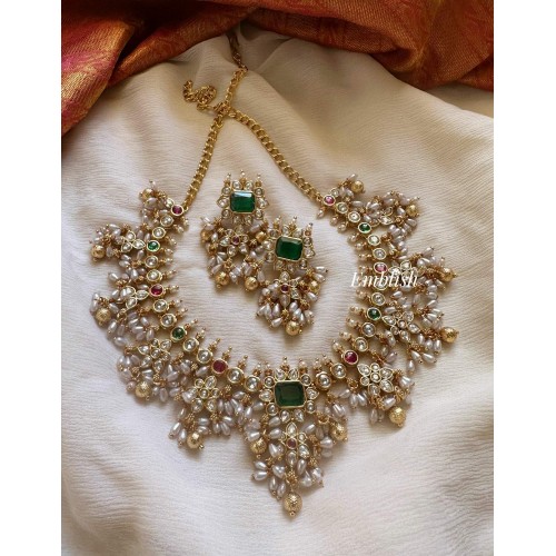 Gold alike Antique Flower Pendant with Rice Pearl Guttapusalu Short Neckpiece