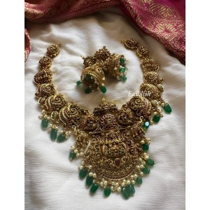 Grand Royal Nakshi Lakshmi with Peacock Intricate Short Neckpiece - Green Beads