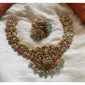 Antique Lakshmi Pendant Kundan Jadau Haathi Flower Neckpiece - Pastel Beads