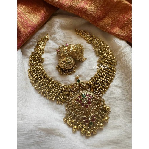 Kemp Flower Peacock Pendant Gold Bunch non idol Neckpiece - Gold Beads