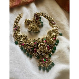 Gold alike Antique Annalakshmi 3D Peacock Haathi Neckpiece - Green Beads