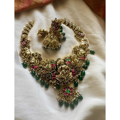 Gold alike Antique Annalakshmi 3D Peacock Haathi Neckpiece - Green Beads