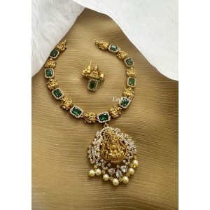AD Antique Lakshmi Pearl Drop Short Neckpiece - Green