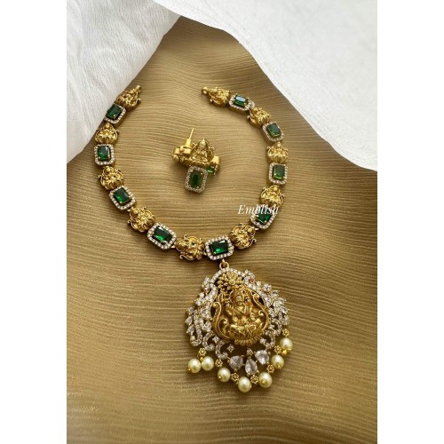 AD Antique Lakshmi Pearl Drop Short Neckpiece - Green