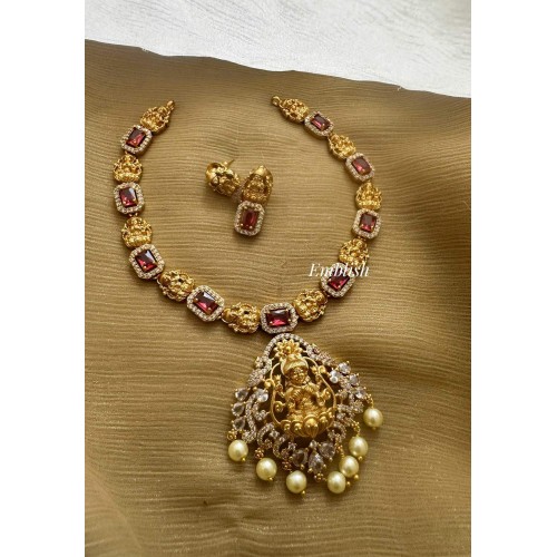 AD Antique Lakshmi Pearl Drop Short Neckpiece - Red