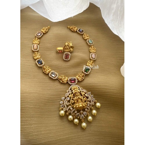AD Antique Lakshmi Pearl Drop Navarathna  Neckpiece 