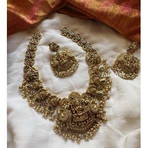 Grand Antique Lakshmi with Peacock Intricate Kemp Flower Short Neckpiece - Gold Beads