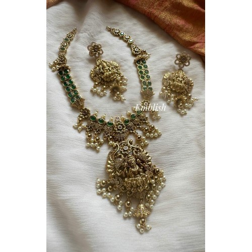 Gold alike Antique Flower Lakshmi with double Peacock  Pendant Short Neckpiece