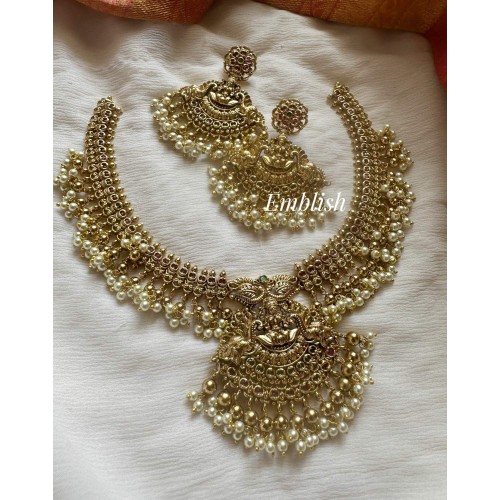 Antique Lakshmi with Double Haathi Pendant Short Neckpiece - Gold Beads