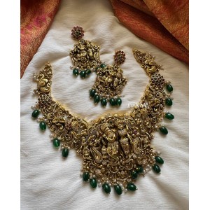 Gold alike Krishna Radha Kemp Flower  short Neckpiece - Green Beads
