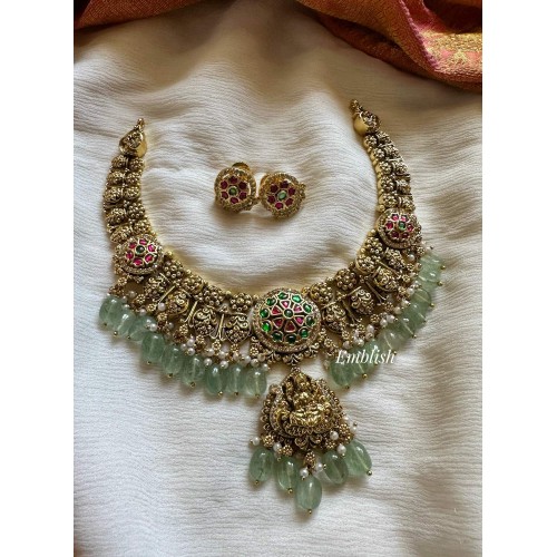 Gold alike Kundan Jadau Flower with Lakshmi Pendant Short Neckpiece - Pastel Beads