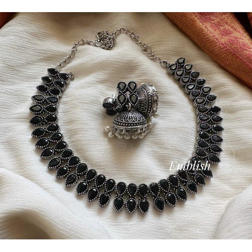 German Silver Tear Drop Short Neckpiece  - Black