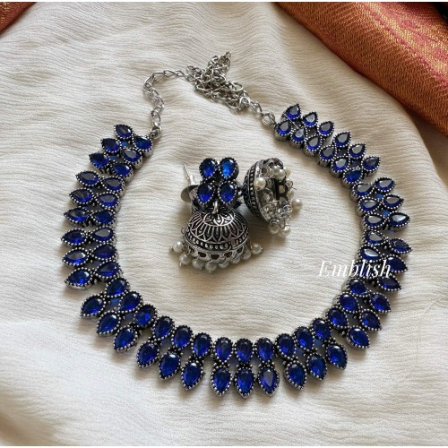 German Silver Thilak Short Neckpiece  - Blue 