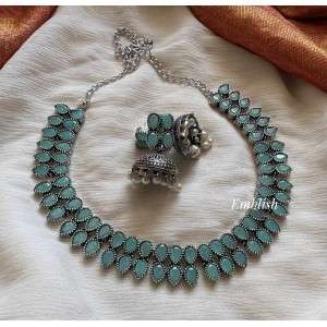 German Silver Thilak Short Neckpiece  - Pastel Blue