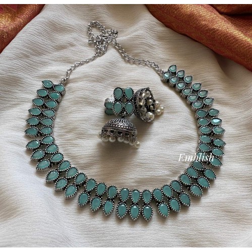 German Silver Thilak Short Neckpiece  - Pastel Blue
