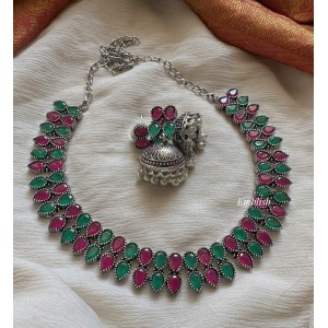 German Silver Thilak Short Neckpiece  - Red with Green