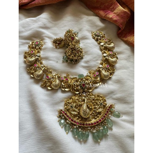 Gold alike Antique Kundan Jadau Grand Peacock Pendant Flower Non Idol Neckpiece - Pastel Beads