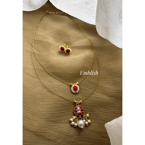 Elegant Kundan Jadau Lotus Layer Coral Invisible Chain Set