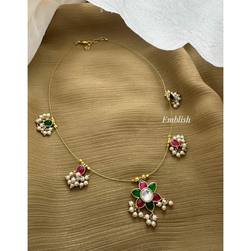 Kundan Jadau Flower Pendant Invisble Chain Neckpiece - Red with Green