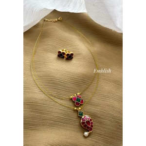Kundan Jadau Mango Flower Layer Invisble Chain set - Red with Green 