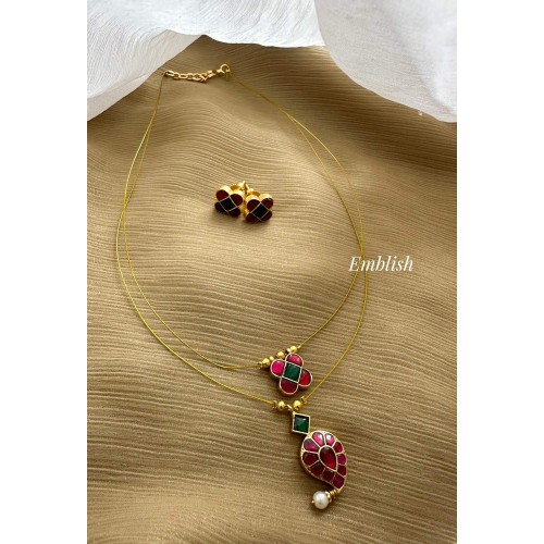 Kundan Jadau Mango Flower Layer Invisble Chain set - Red with Green 