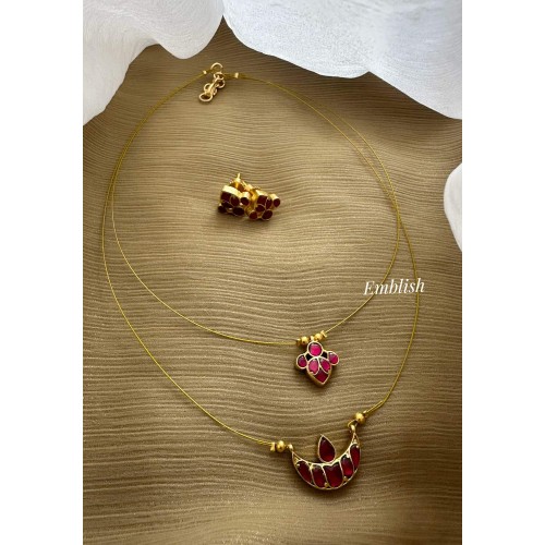 Kundan Jadau Half Moon Flower Layer Invisble Chain set - Red