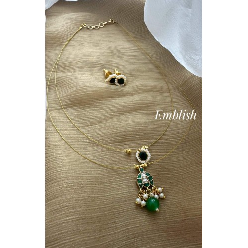 Elegant Kundan Jadau Lotus Pearl Drop Invisible Chain Set - Green