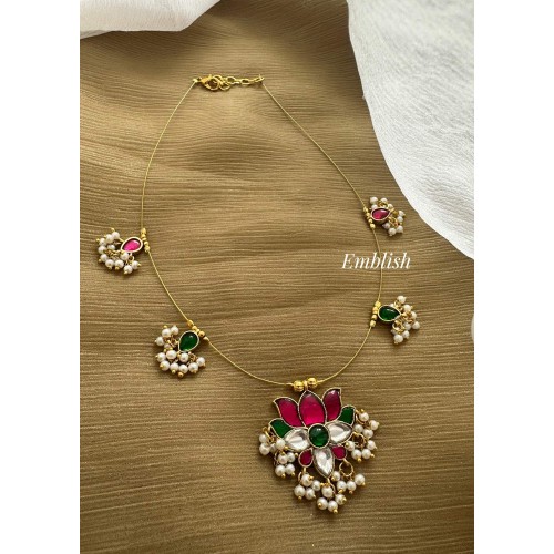 Kundan Jadau Lotus Thilak Drop Invisble Chain Neckpiece - Red with Green